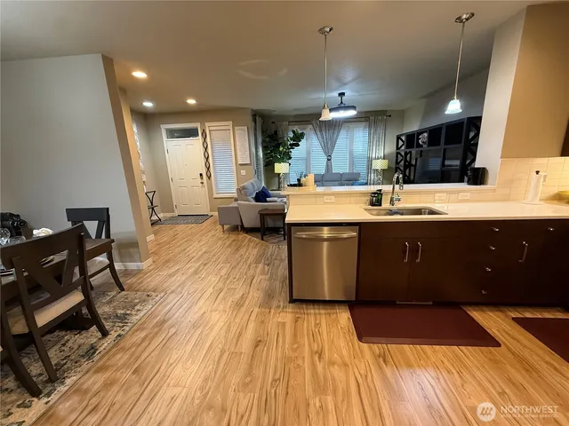 a view of a dining room with furniture