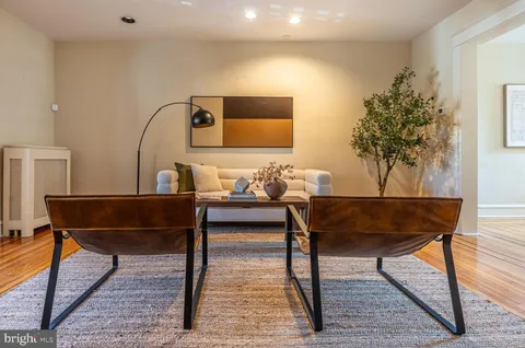 a living room with a couch and a potted plant