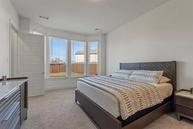 a spacious bedroom with a bed and a cabinets