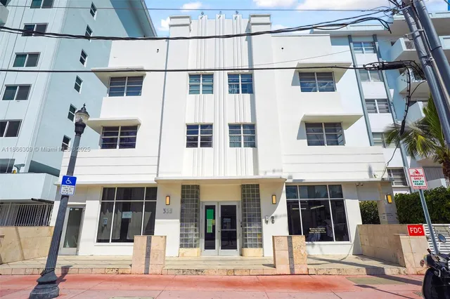 a view of a building with a bench