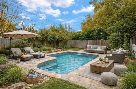 swimming pool view with a seating space