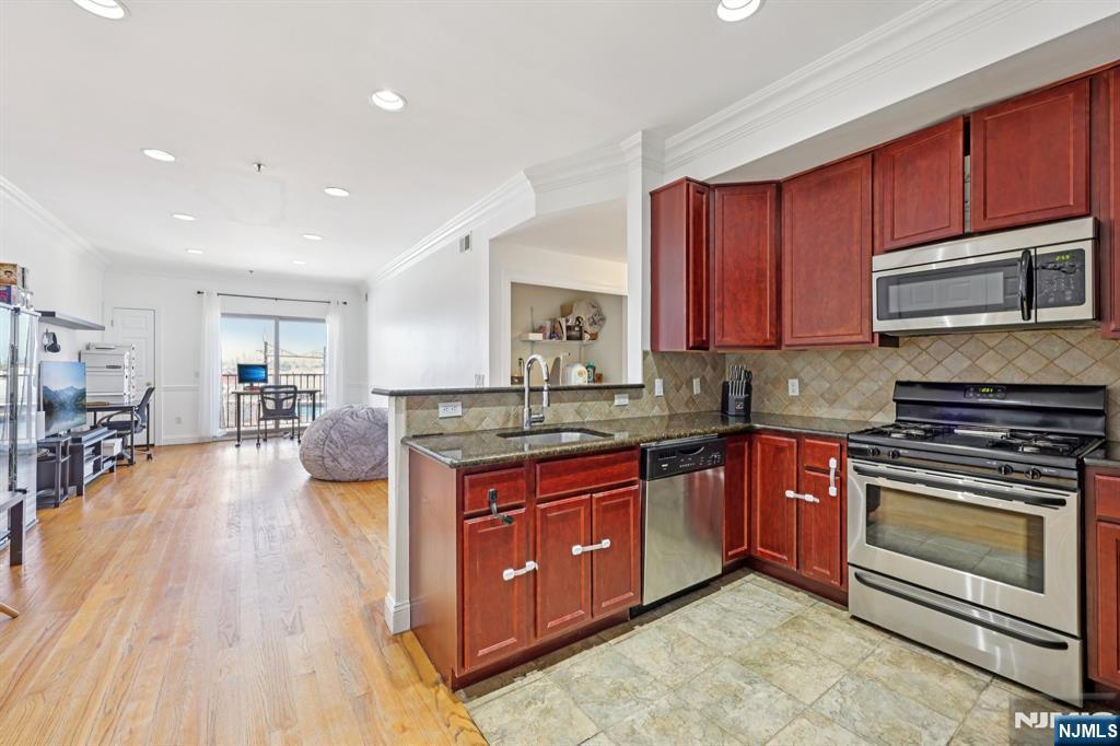 15 Tichenor Street, Unit 407 Newark, NJ 07102 - Photo 12 of 26 a kitchen with stainless steel appliances granite countertop wooden cabinets a stove a sink and a wooden floors
