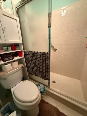 a bathroom with a toilet and a shower