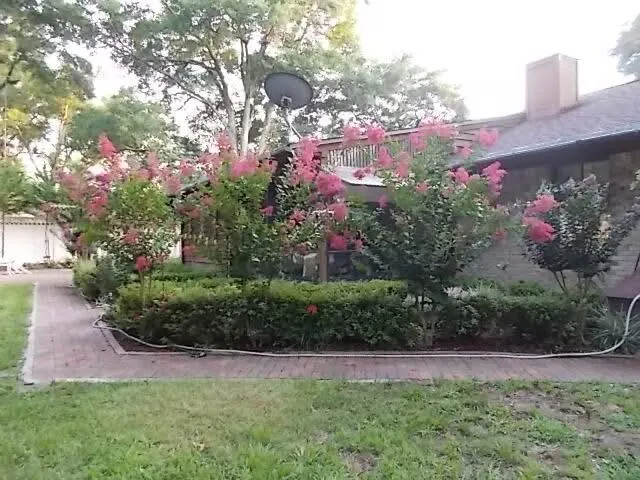 a view of a house with a yard and garden
