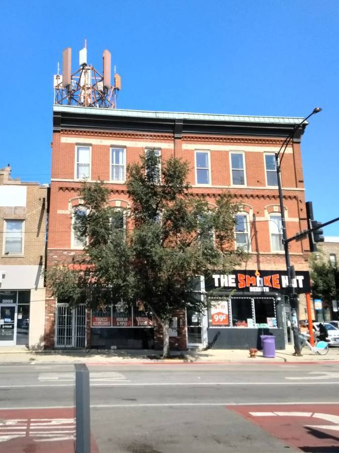 a view of a building and a street