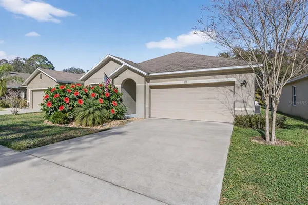 a front view of house with a garden