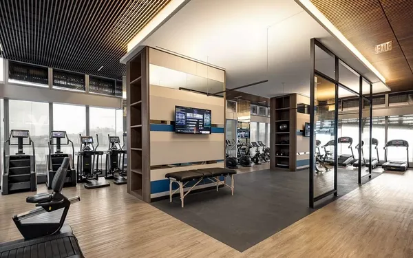 a view of a room with gym equipment