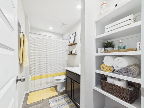 a bathroom with a sink a toilet and shower curtain