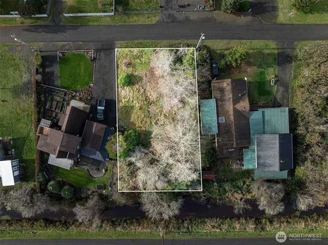 an aerial view of a house with a yard and potted plants
