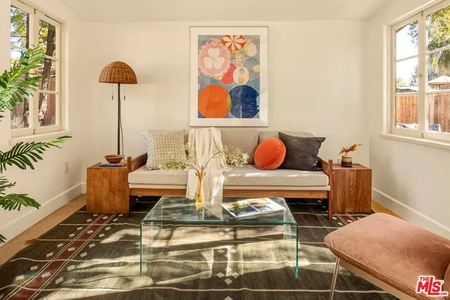 a living room with a rug and a potted plant