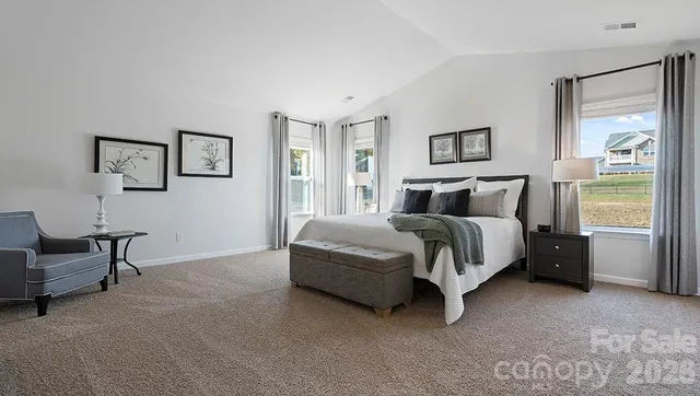 a bedroom with a bed and a couch