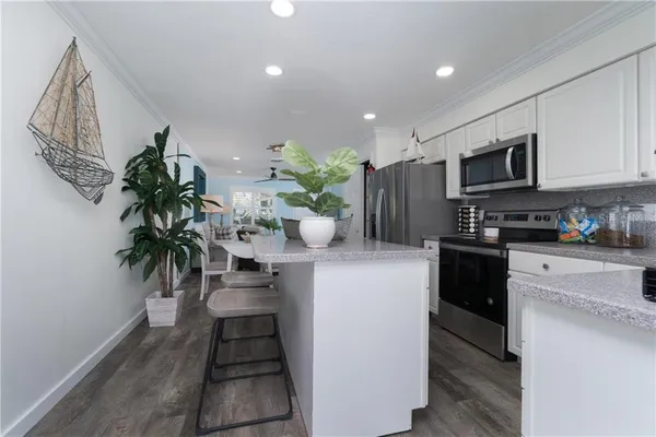 a kitchen with a potted plant on the counter and cabinets