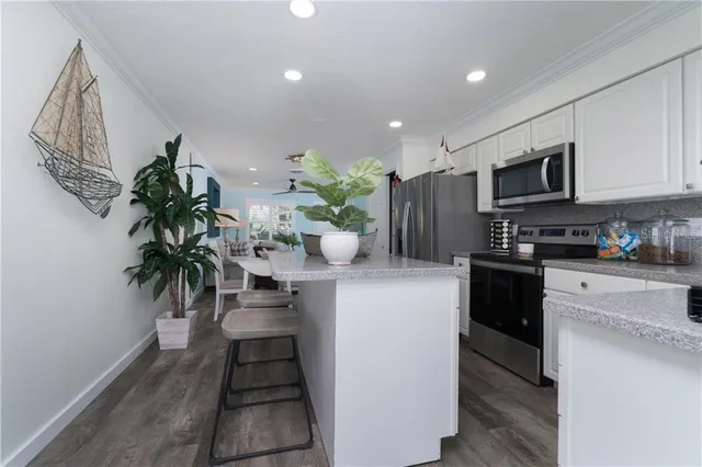 a kitchen with a potted plant on the counter and cabinets