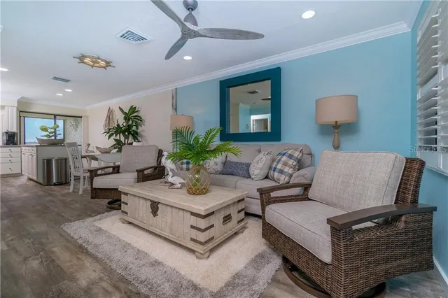 a living room with furniture potted plant and a lamp