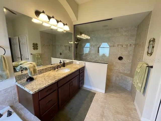 a bathroom with a granite countertop sink a mirror and shower