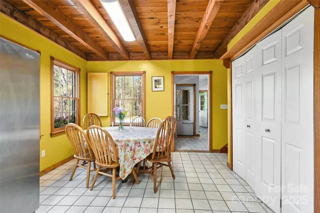 a view of a dining room with furniture window and outside view