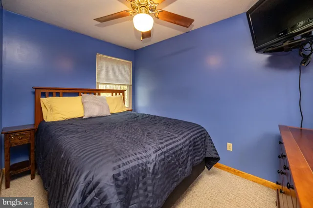 a bedroom with a bed and a ceiling fan