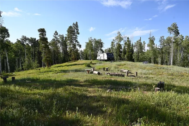 a view of outdoor space with trees all around