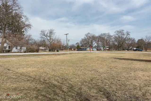 a view of a field with trees in the background