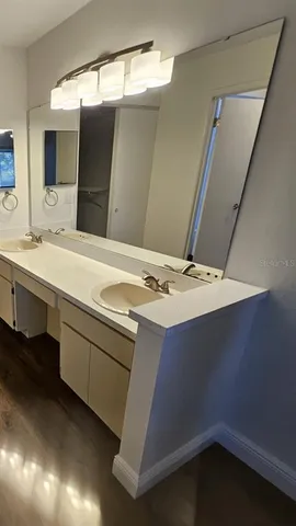 a bathroom with a sink and a mirror
