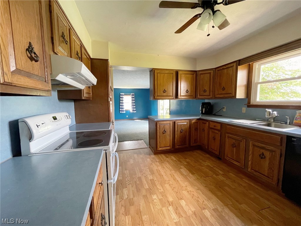 15508 West Calla Road Beloit, OH 44609 - Photo 5 of 19 Kitchen featuring brown cabinets, light countertops, light hardwood floors, black dishwasher, ceiling fan, and white electric stove
