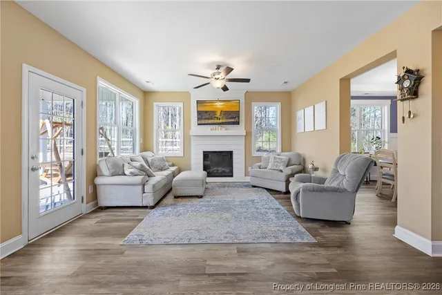 a living room with furniture windows and a fireplace