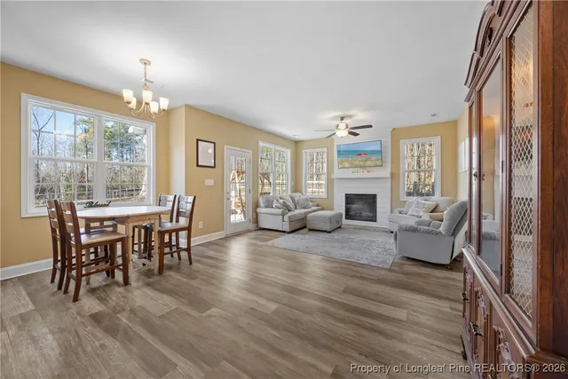 a living room with furniture dining table and a fireplace