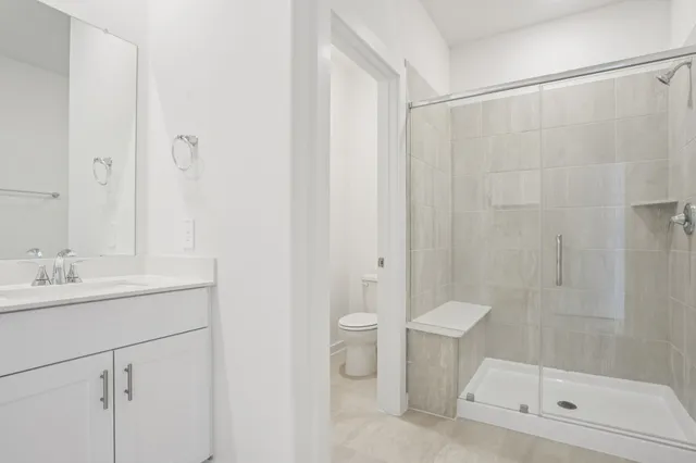 a bathroom with a shower a sink and toilet