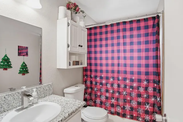 a bathroom with a sink toilet and shower