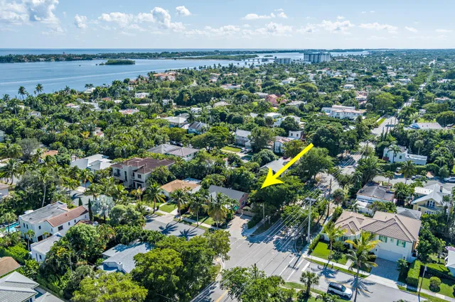 an aerial view of a house with a garden