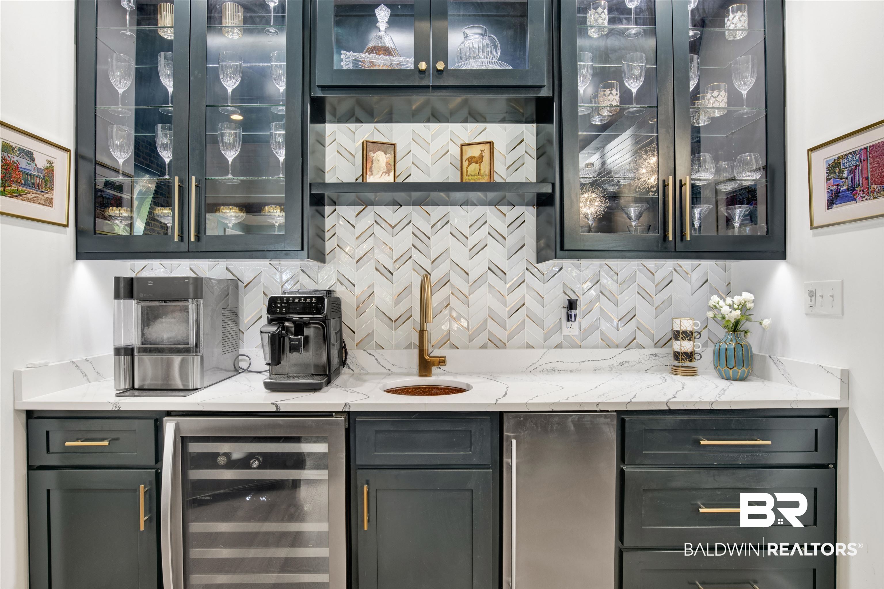 11116 Redfern Road Daphne, AL 36526 - Photo 20 of 46 Indoor wet bar featuring light stone countertops, backsplash, stainless steel fridge, and wine cooler