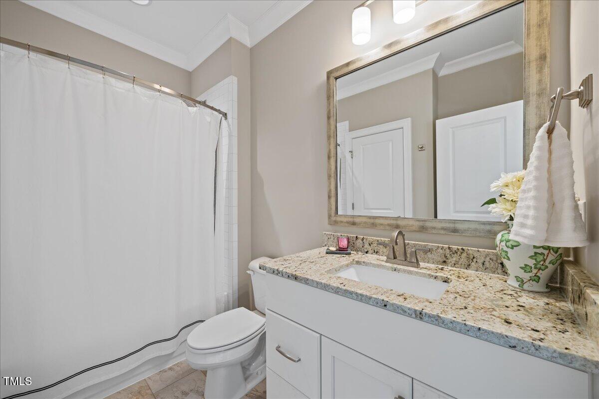 3034 Lewis Farm Road Raleigh, NC 27607 - Photo 36 of 60 a bathroom with a granite countertop sink toilet and a mirror