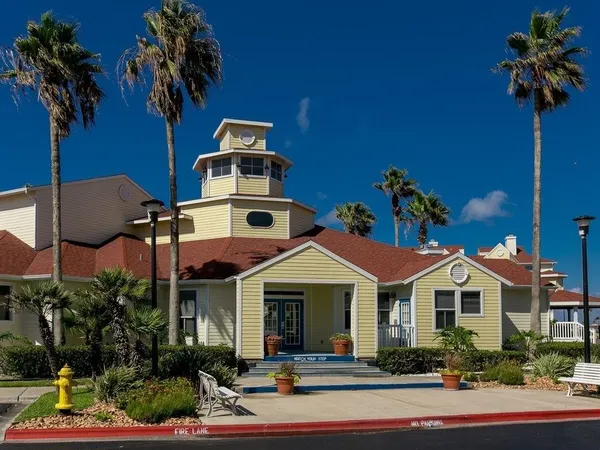a front view of a house with a yard and palm trees