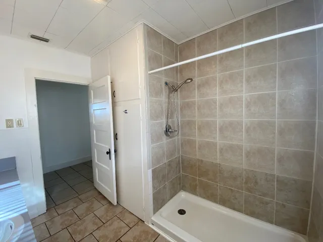 a bathroom with a shower and a sink