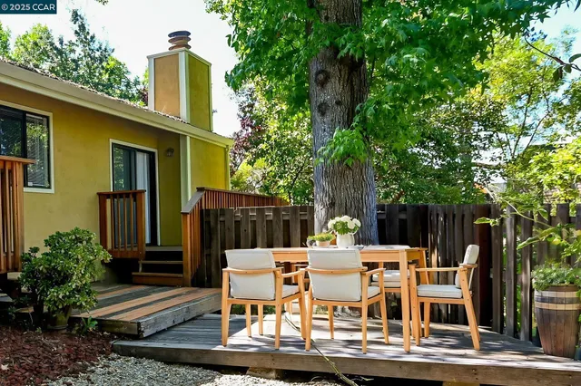 a patio with table and chairs
