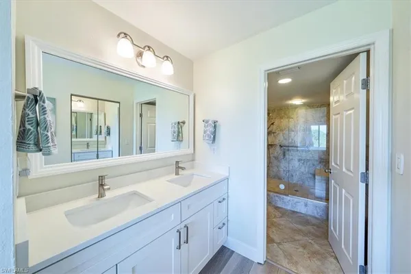 a bathroom with a sink shower and a mirror
