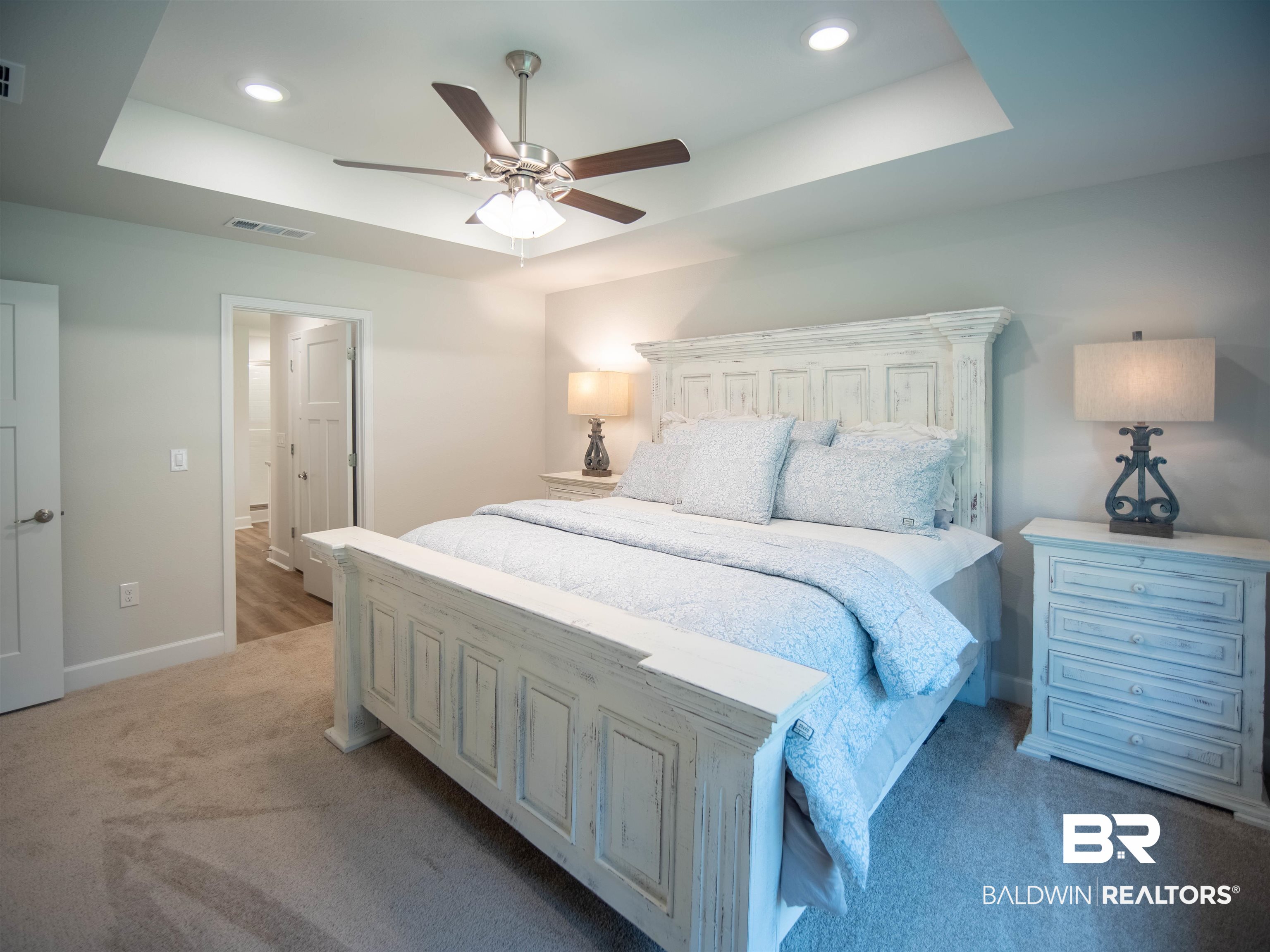 12646 Michigan Avenue Elberta, AL 36530 - Photo 17 of 47 Bedroom with a raised ceiling, light colored carpet, recessed lighting, and ceiling fan