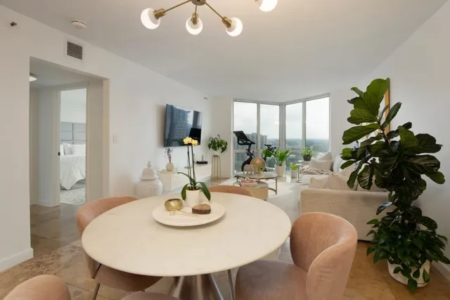 a view of a dining room with furniture window and outside view