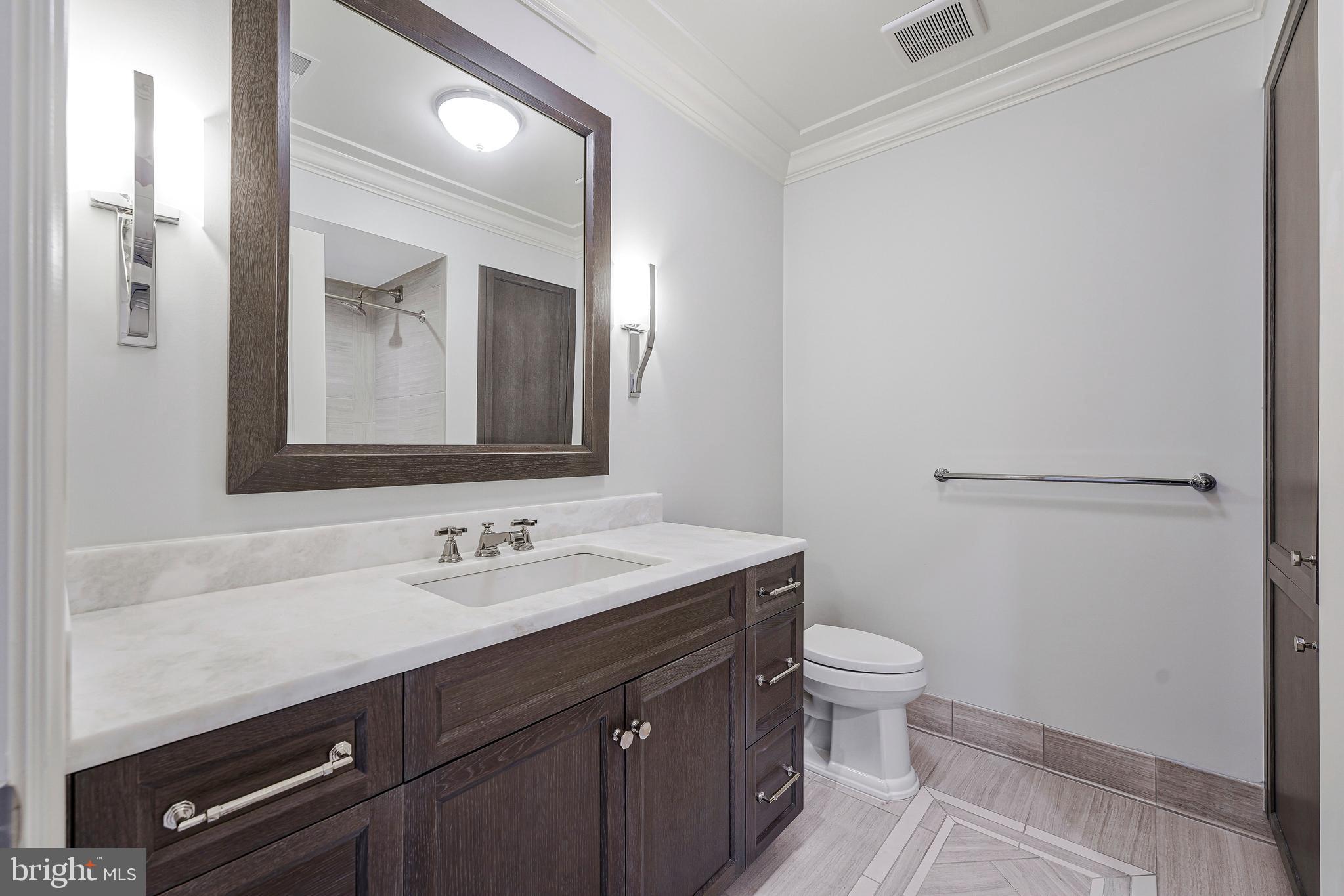6900 Fleetwood Road, Unit 317 McLean, VA 22101 - Photo 25 of 56 a bathroom with a sink a toilet a mirror and vanity