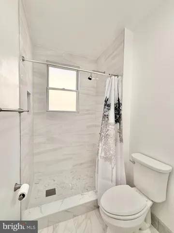 a bathroom with a shower and a toilet