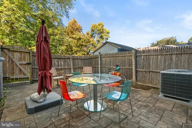 a backyard of a house with table and chairs