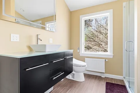 a bathroom with a sink mirror vanity and toilet