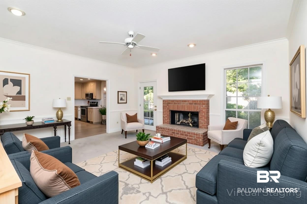 105 McHugh Lane Mobile, AL 36608 - Photo 3 of 30 VIRTUALLY STAGED: Living room featuring healthy amount of natural light, crown molding, a brick fireplace, ceiling fan, and recessed lighting