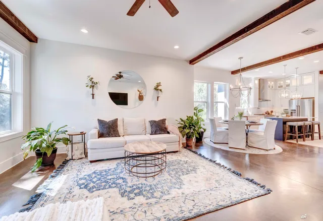 a living room with furniture and a potted plant