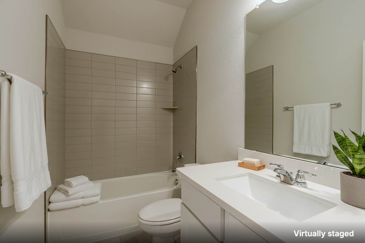 1117 Terrace View Georgetown, TX 78628 - Photo 5 of 25 A well-appointed bathroom offers a clean aesthetic with a sleek vanity and subway tile tub surround.
