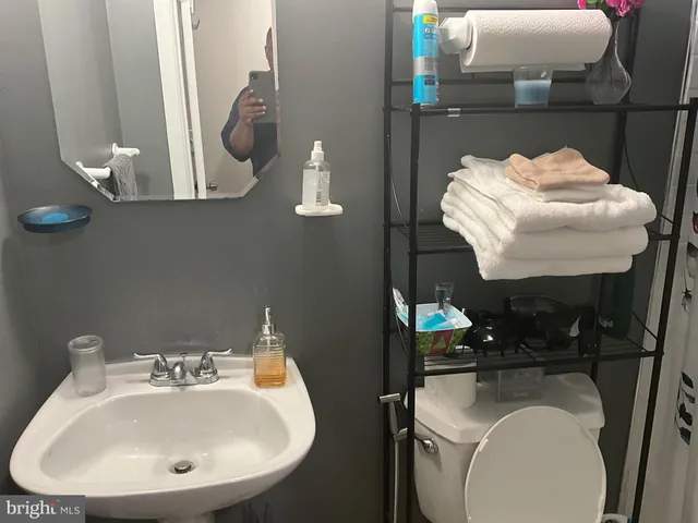 a bathroom with a sink a toilet and mirror