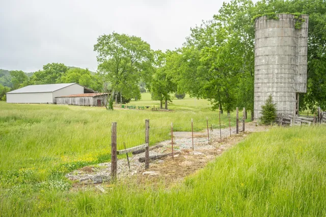 a view of a dry yard with wooden fence