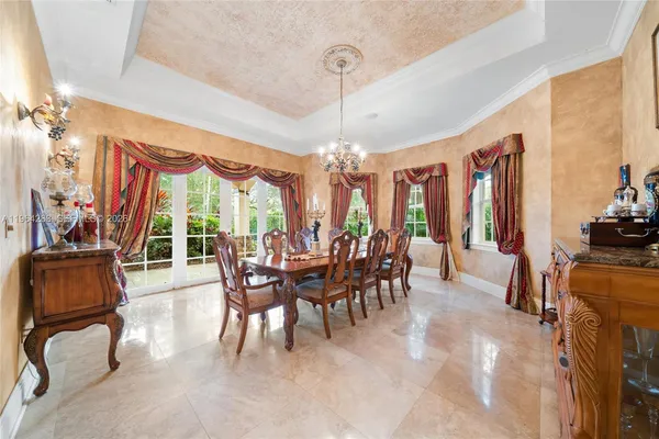 a view of a dining room with furniture window and outside view
