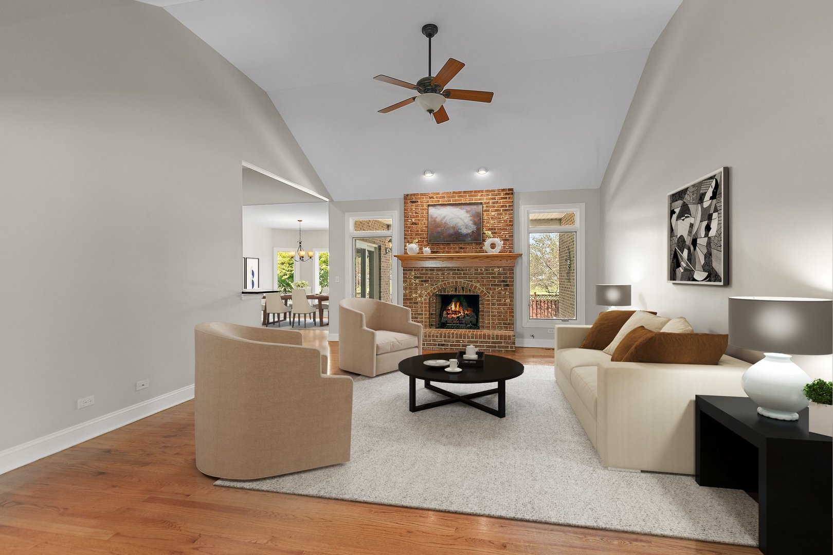 2073 Westover Road North Aurora, IL 60542 - Photo 5 of 24 a living room with furniture a fireplace and a ceiling fan