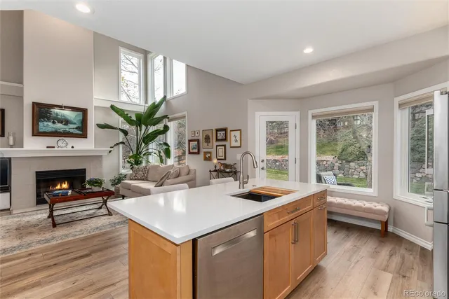 a view of living room with furniture and a fireplace